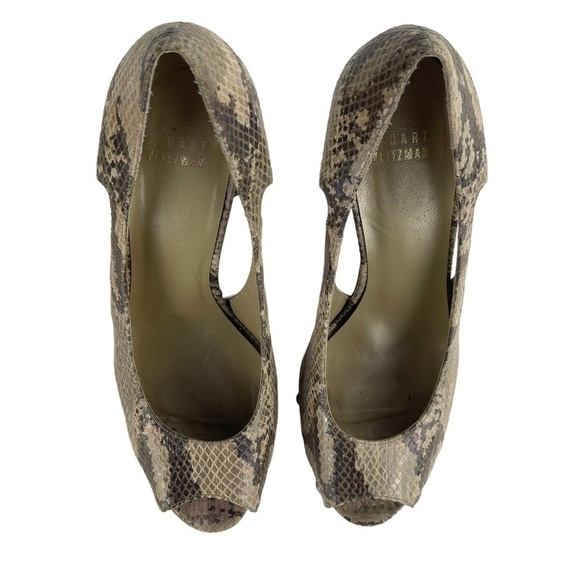 STUART WEITZMAN IRIDESCENT SNAKESKIN PEEP TOE WOOD HEEL PLATFORM HEELS - Picture 5 of 12